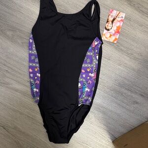 Kids Black gymnastics leotard with Purple Print Side Panels